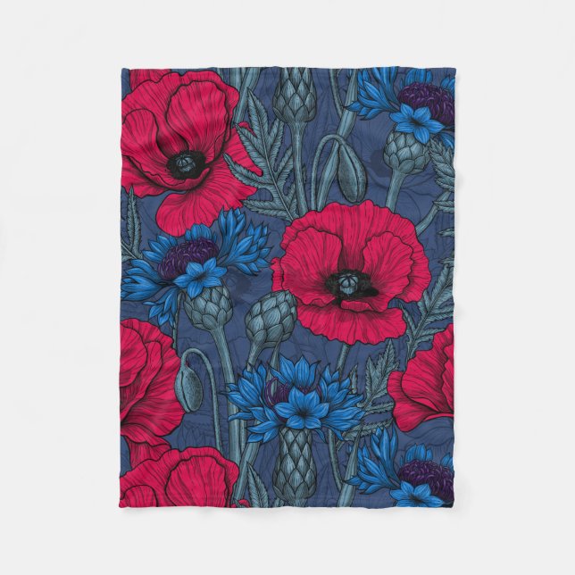 Red poppies and blue cornflowers on blue fleece blanket (Front)