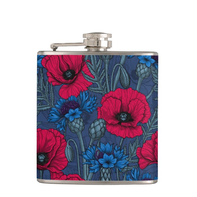 Red poppies and blue cornflowers on blue hip flask (Front)