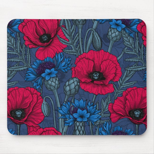 Red poppies and blue cornflowers on blue mouse pad (Front)