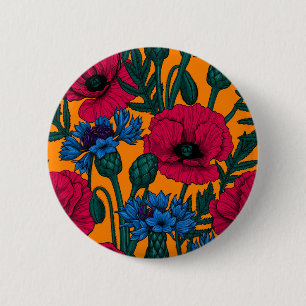 Red poppies and blue cornflowers on orange 2 inch round button