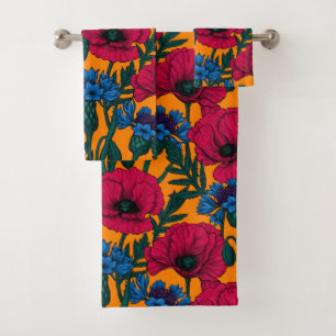 Red poppies and blue cornflowers on orange bath towel set