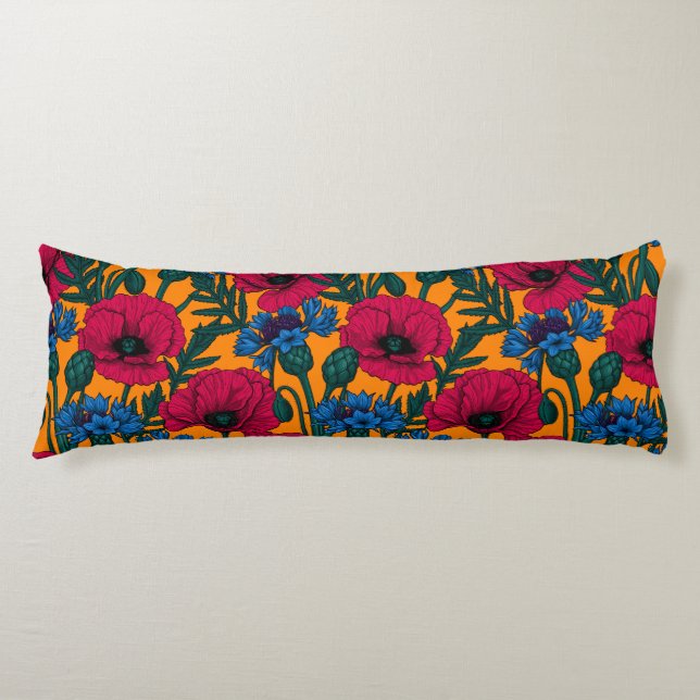 Red poppies and blue cornflowers on orange body pillow (Front)