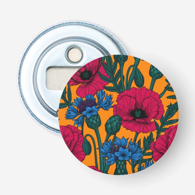Red poppies and blue cornflowers on orange bottle opener (Front)