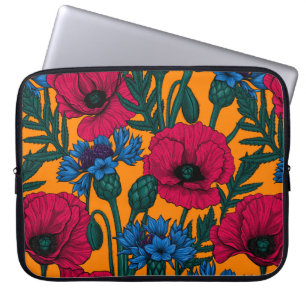 Red poppies and blue cornflowers on orange laptop sleeve
