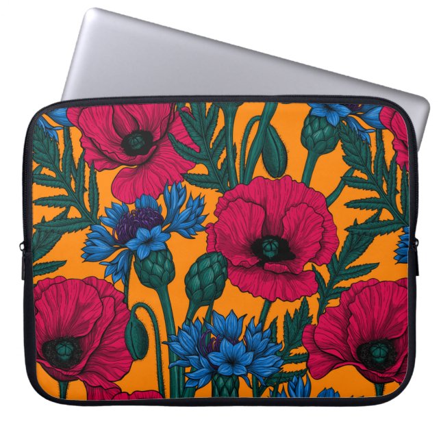 Red poppies and blue cornflowers on orange laptop sleeve (Front)