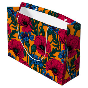 Red poppies and blue cornflowers on orange large gift bag