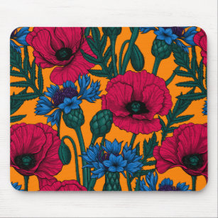 Red poppies and blue cornflowers on orange mouse pad
