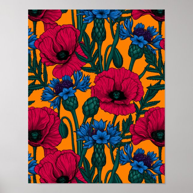 Red poppies and blue cornflowers on orange poster (Front)