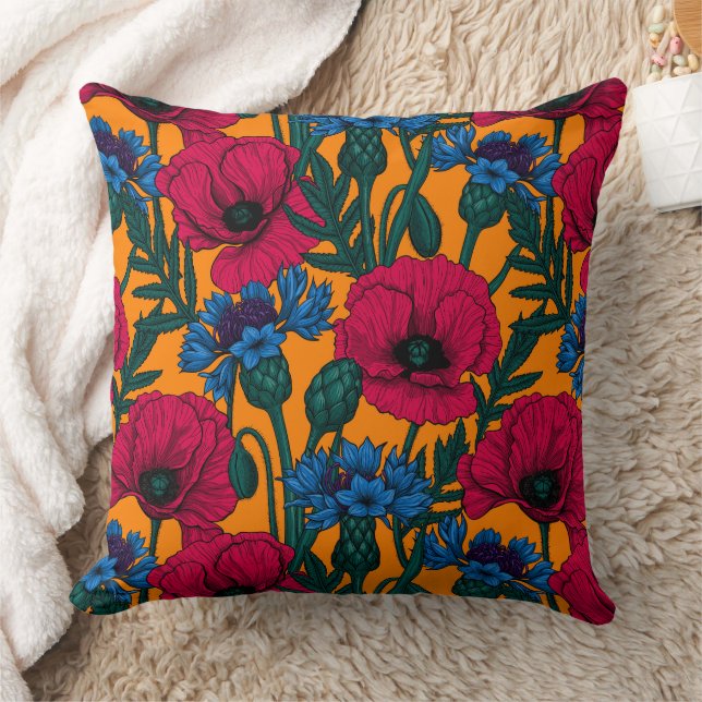 Red poppies and blue cornflowers on orange throw pillow (Blanket)