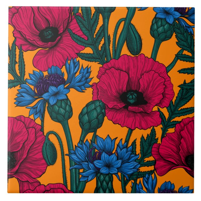 Red poppies and blue cornflowers on orange tile (Front)