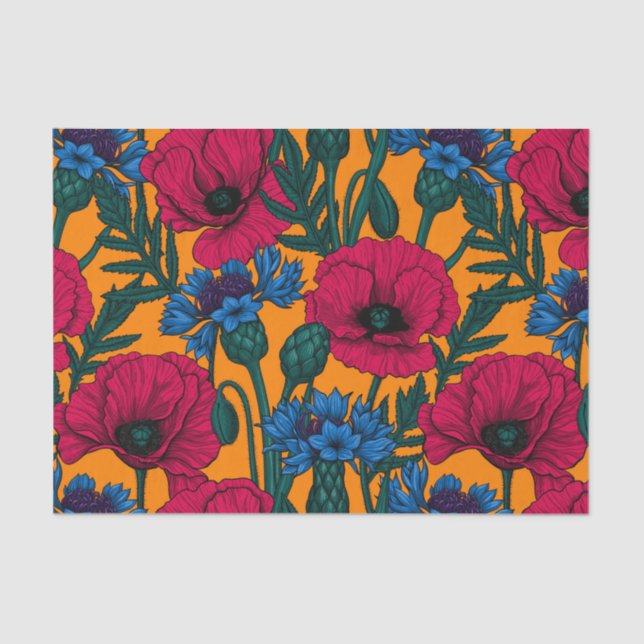 Red poppies and blue cornflowers on orange tissue paper (Front)