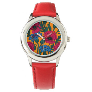 Red poppies and blue cornflowers on orange watch