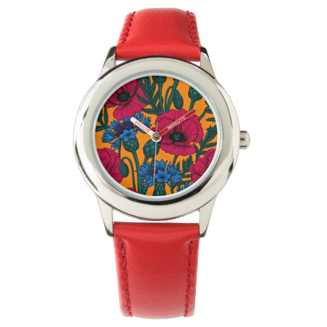 Red poppies and blue cornflowers on orange watch (Front)