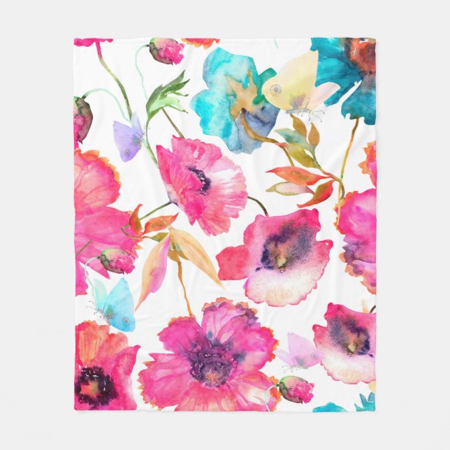 Red poppies and blue flowers with butterflies, wat fleece blanket (Front)