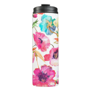 Red poppies and blue flowers with butterflies, wat thermal tumbler