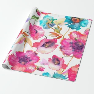Red poppies and blue flowers with butterflies, wat wrapping paper
