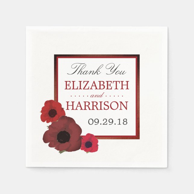 Red Poppies and Burlap Wedding Napkin (Front)
