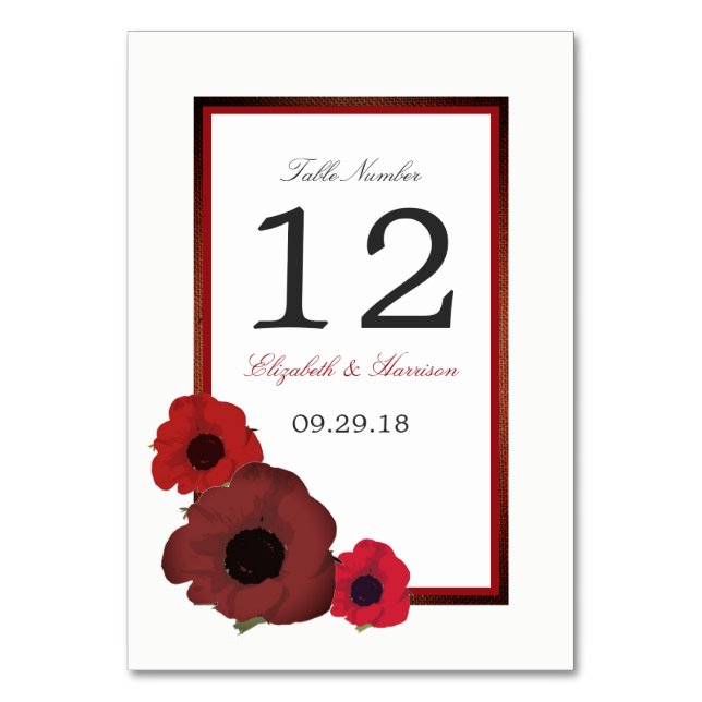 Red Poppies and Burlap Wedding Table No. Number (Front)