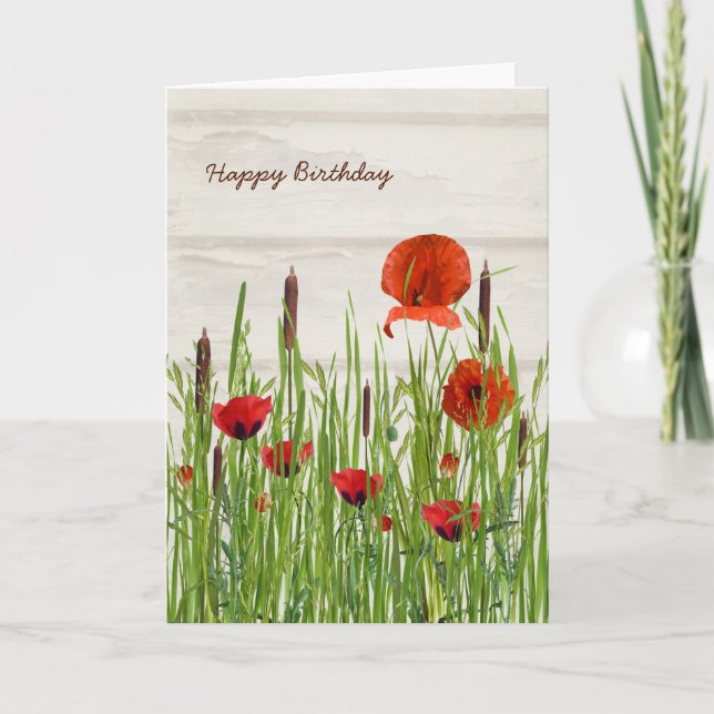 Red Poppies and Cattails Birthday Card (Front)