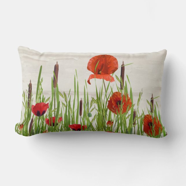 red poppies and cattails lumbar pillow (Front)
