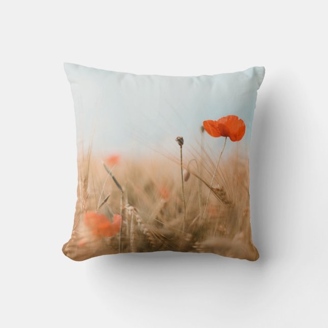Red Poppies and Gold Barley Throw Pillow (Front)