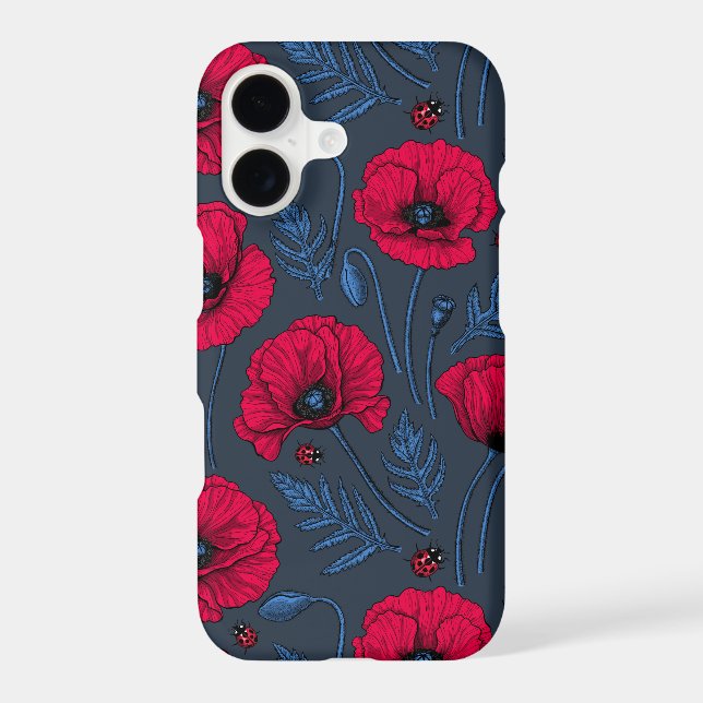 Red poppies and ladybugs on dark blue (Verso)