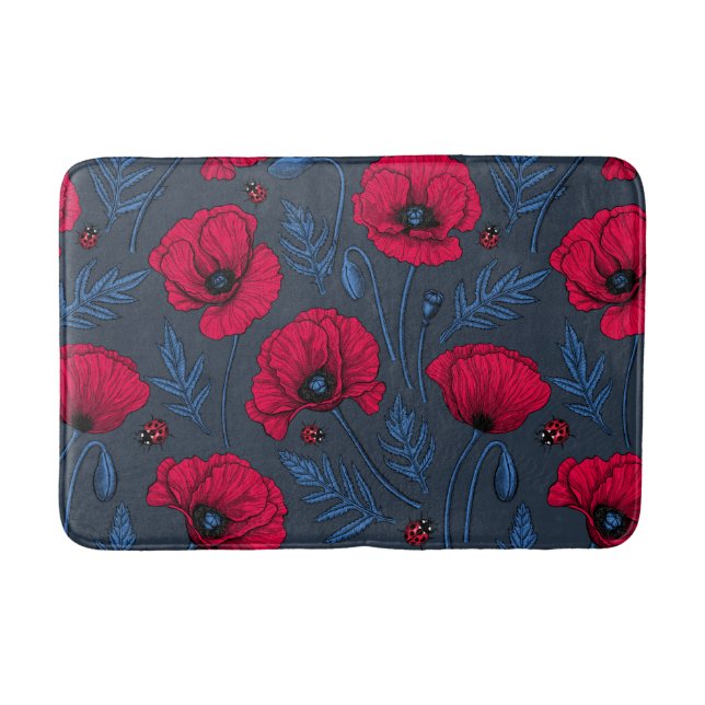 Red poppies and ladybugs on dark blue bath mat (Front)