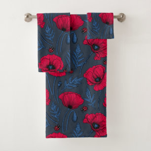 Red poppies and ladybugs on dark blue bath towel set