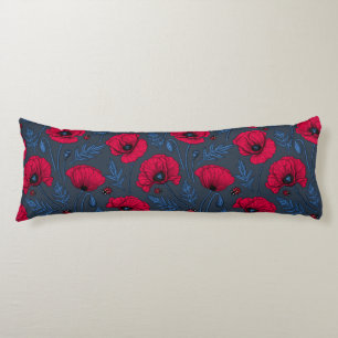 Red poppies and ladybugs on dark blue body pillow