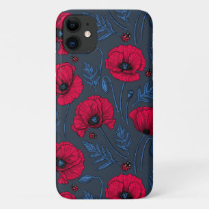Red poppies and ladybugs on dark blue iPhone 11 case