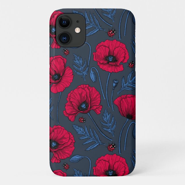 Red poppies and ladybugs on dark blue Case-Mate iPhone case (Back)