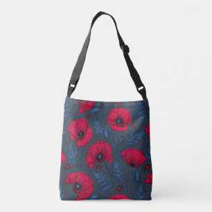 Red poppies and ladybugs on dark blue crossbody bag