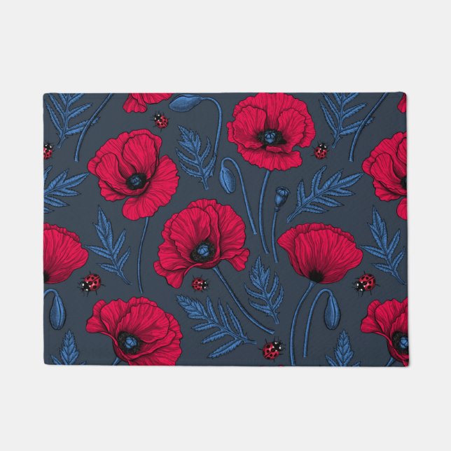 Red poppies and ladybugs on dark blue doormat (Front)