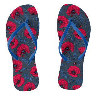 Red poppies and ladybugs on dark blue flip flops