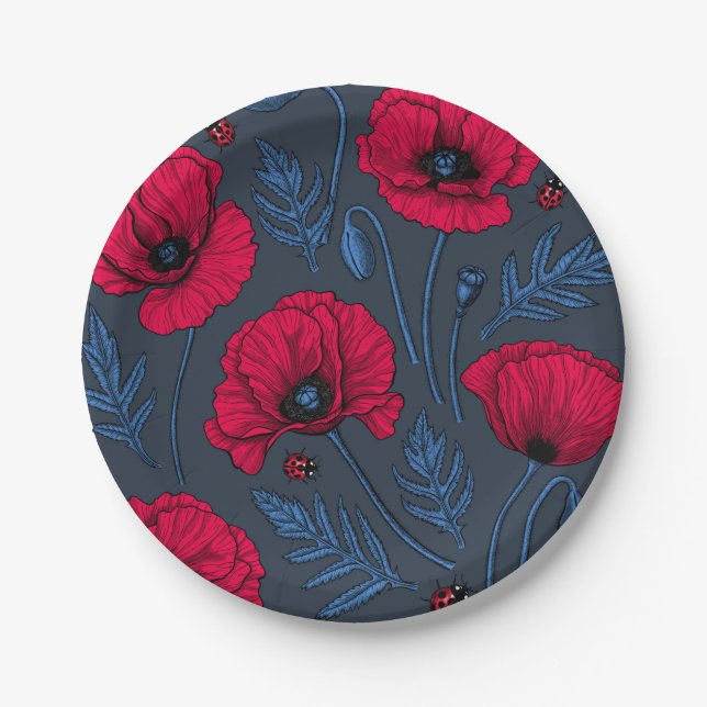 Red poppies and ladybugs on dark blue paper plate (Front)