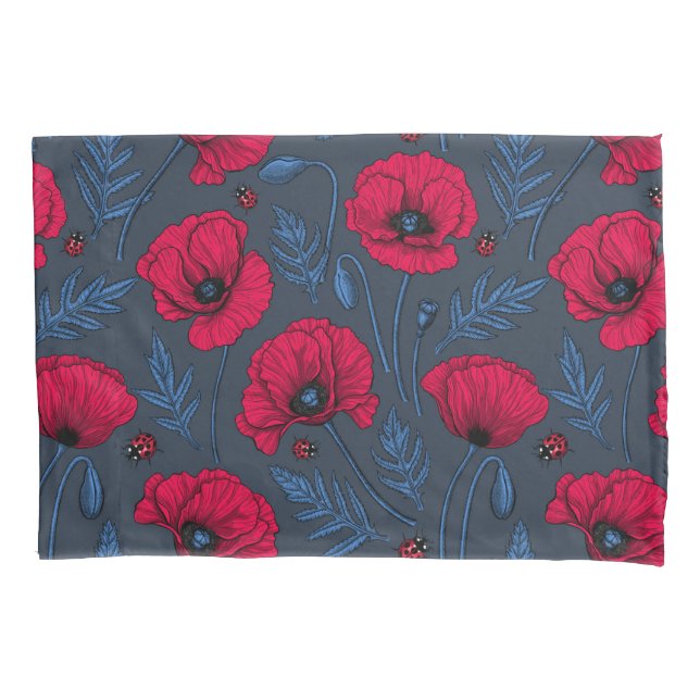 Red poppies and ladybugs on dark blue pillowcase (Front-Left)