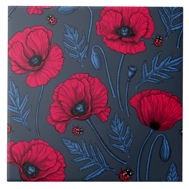 Red poppies and ladybugs on dark blue tile (Front)