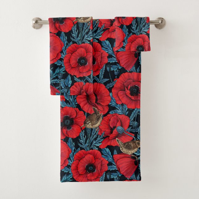 Red poppies and wrens, blue leaves on black bath towel set (Insitu)
