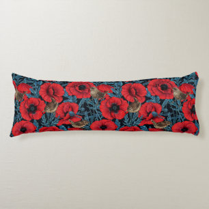 Red poppies and wrens, blue leaves on black body pillow