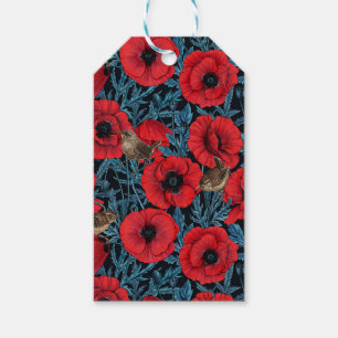 Red poppies and wrens, blue leaves on black gift tags