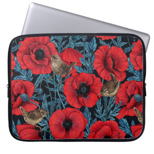 Red poppies and wrens, blue leaves on black laptop sleeve