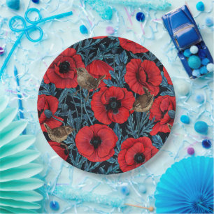 Red poppies and wrens, blue leaves on black paper plate