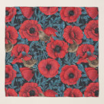 Red poppies and wrens, blue leaves on black scarf<br><div class="desc">Hand-painted red poppies and wren birds</div>