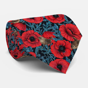 Red poppies and wrens, blue leaves on black tie