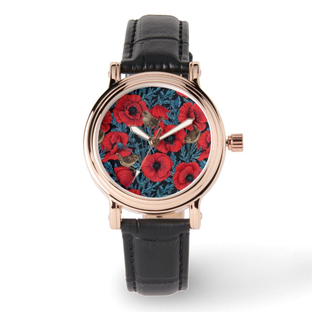 Red poppies and wrens, blue leaves on black watch (Front)