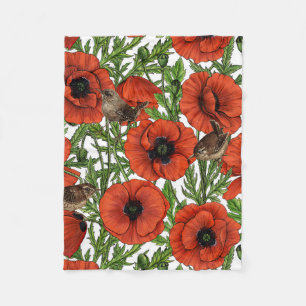 Red poppies and wrens, green leaves on white fleece blanket