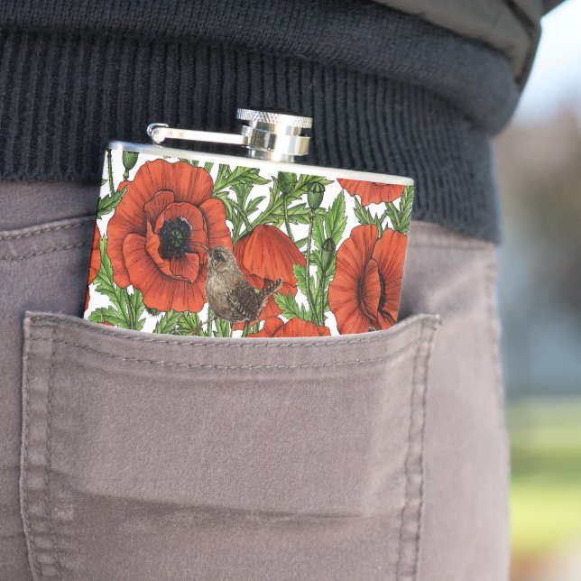 Red poppies and wrens, green leaves on white hip flask (In Situ)
