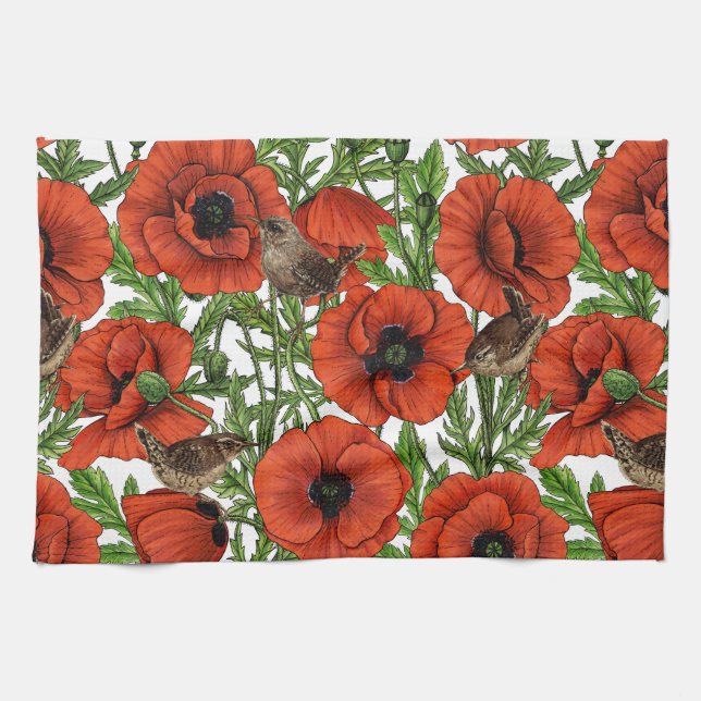 Red poppies and wrens, green leaves on white kitchen towel (Horizontal)