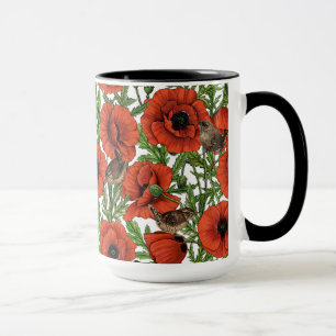 Red poppies and wrens, green leaves on white mug