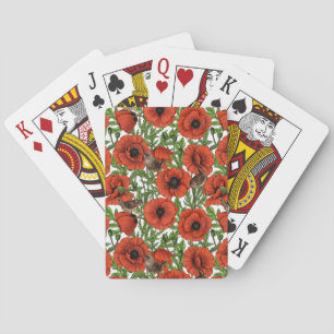 Red poppies and wrens, green leaves on white playing cards